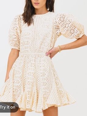 RHODE Cream Eyelet Puff-Sleeve Mini Dress